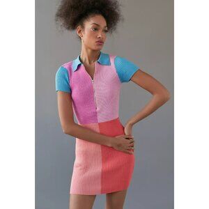 DEE ELLY Pink Colorblock Ribbed Knit Half Zip Mini Polo T-Shirt Dress, Size S